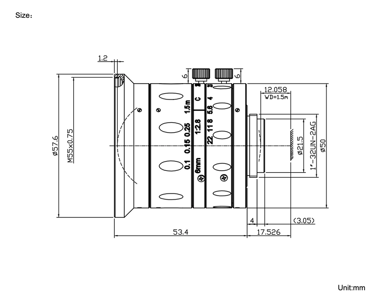 Azure Photonics AZURE-0628CFN 2/3" 6mm F2.8 Manual Iris C-Mount Lens, Anti-Vibration, Optimized for Short Distance (0.1m to 1.5m), 12 MP Rated