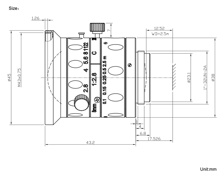 Azure Photonics AZURE-0828CF 2/3" 8mm F2.8 Manual Iris C-Mount Lens, Anti-Vibration, 12 MP Rated