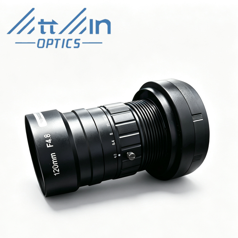 Attain Optics TN12048-2X-72 120mm F4.8 Manual Iris M72 Mount (w/ M42, M58, M90 Mount Optional) Lens for 16k5 Micron Line Scan Camera, 1.5-3X, 82mm Image Circle