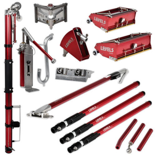 Level 5 Full Set with Extension Handles includes Automatic Taper, Corner Roller and Extension Handle, 3 in. Corner Finisher and Extension Handle, 10 and 12 in. Flat Box and Extension Handle, 7 in. Corner Applicator and Extension Handle, Compound Pump and Filler, Gooseneck