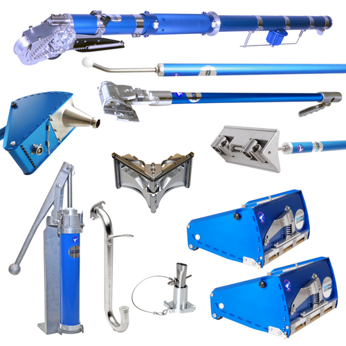 Tapepro Full Set (TPRO-FULL) includes your choice of automatic taper, corner roller and handle, corner box and handle, corner finisher and handle, two flat boxes and handle, mud pump, gooseneck and box filler.