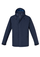 A navy rain jacket with a hood, featuring side pockets and a partial zip. It includes an inner layer in a contrasting colour.