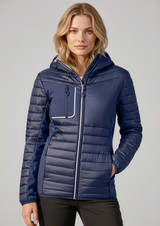 A navy unisex patrol jacket with a hood, featuring a zippered front and a chest pocket, with a logo.