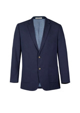 A navy blue men's blazer featuring a two-button closure and a classic lapel design. It includes an inner lining. A navy blue men's blazer featuring a two-button closure and a classic lapel design. It includes an inner lining.