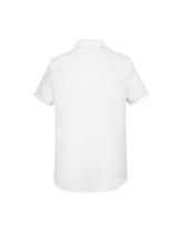 A white women's button-up shirt with short sleeves and a back yoke detail. It features a logo. A white women's button-up shirt with short sleeves and a back yoke detail. It features a logo.