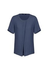 A short-sleeved blue women's T-shirt with a simple design and a logo on the label. A short-sleeved blue women's T-shirt with a simple design and a logo on the label.