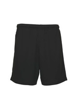 A pair of black sports shorts featuring an elastic waistband and side pockets. The shorts have a branding logo.