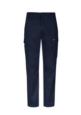 Navy cargo pants featuring side pockets and a button closure, with a branding logo. Suitable for casual wear.