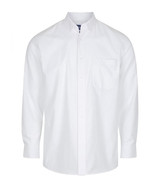 A white button-up shirt with long sleeves and a chest pocket, featuring a collar and a logo.