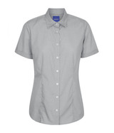 A grey button-up shirt with short sleeves and a small collar, featuring a logo at the neckline.