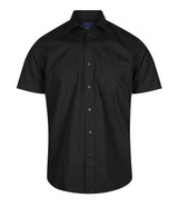 A black short-sleeve button-up shirt features a single chest pocket and a logo on the collar area.