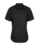 A black button-up shirt with short sleeves and a classic collar, featuring a logo.