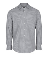 A button-up shirt featuring a black and white gingham pattern, with long sleeves and a collar. It has a logo.