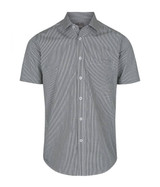 A button-up shirt in a black and white gingham pattern, featuring a standard collar and short sleeves.