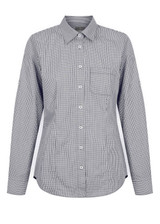 A button-up shirt in black and white gingham pattern with a single chest pocket. Features long sleeves and a collar.