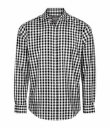 A button-up shirt featuring a black and white check pattern with long sleeves and a collar. It has a logo on the label.