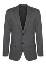 A grey jacket featuring a notch lapel, two front pockets, and a single chest pocket. It has a branded label inside.