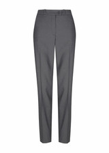 Grey slim leg slacks with a front button closure and waistband. Features a logo on the waistband.
