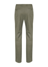 A pair of olive green chinos with a straight leg and two back pockets, featuring a subtle logo.