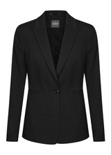 A black blazer featuring a single button closure and a classic lapel design, with a logo inside.