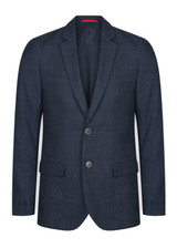 A dark blue blazer with a tailored fit, featuring two buttons and side pockets. Includes a simple logo.