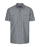 A short-sleeved work shirt in grey, featuring two chest pockets and a logo on the front. A short-sleeved work shirt in grey, featuring two chest pockets and a logo on the front.
