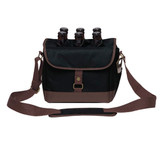 A drink bottle caddy cooler in black and brown, featuring three bottle compartments and an adjustable shoulder strap. A drink bottle caddy cooler in black and brown, featuring three bottle compartments and an adjustable shoulder strap.