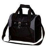 A drink bottle cooler bag in black and grey, featuring adjustable straps and zippered compartments.