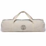 A beige canvas bag with handles, featuring a circular logo, designed for storing a croquet set. A beige canvas bag with handles, featuring a circular logo, designed for storing a croquet set.