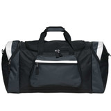 A black and grey duffle bag with multiple compartments and a prominent logo on the front.