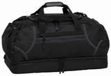 A black duffle bag with multiple zippered compartments and carry handles, featuring a logo. A black duffle bag with multiple zippered compartments and carry handles, featuring a logo.