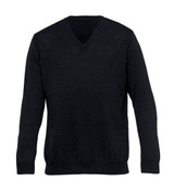 A black merino wool detailed Vee pullover for men, featuring long sleeves and a V-neck design. A black merino wool detailed Vee pullover for men, featuring long sleeves and a V-neck design.