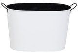 A white ice bucket with a black interior and metal handles for easy carrying. A white ice bucket with a black interior and metal handles for easy carrying.