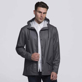 A man in a grey rain jacket with a hood and drawstrings stands against a plain background. The jacket features pockets and a logo. A man in a grey rain jacket with a hood and drawstrings stands against a plain background. The jacket features pockets and a logo.