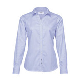 A women's button-up shirt in a blue and white check pattern with a collar and long sleeves. It features a logo.