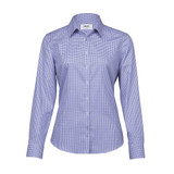 A women's button-up shirt in purple and white check pattern, featuring long sleeves and a classic collar.