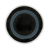 A round, black wireless charger with a grey accent ring and a sleek, glossy surface. Features a branding logo. A round, black wireless charger with a grey accent ring and a sleek, glossy surface. Features a branding logo.