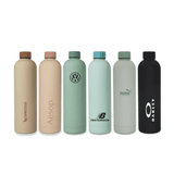 A drink bottle collection featuring six bottles in various colours: beige, green, mint, light blue, and black, with logos. A drink bottle collection featuring six bottles in various colours: beige, green, mint, light blue, and black, with logos.