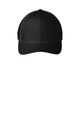 A black Flexfit mesh back cap with a rounded crown and curved brim, featuring a logo on the front.