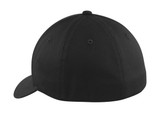 A black Port Authority Flexfit Cotton Twill Cap featuring a solid design and a logo on the front.
