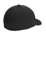 A black Flexfit Delta cap with a smooth, rounded design and a curved brim. It features ventilation holes and a logo.