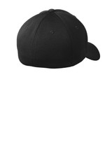 A black cap featuring a fitted design and mesh fabric, viewed from the back. It includes a logo.