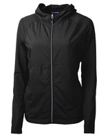 A black full zip jacket with a hood, featuring a fitted design and a branded logo. A black full zip jacket with a hood, featuring a fitted design and a branded logo.