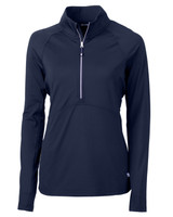 A navy half-zip jacket with long sleeves and a zippered collar. Features a small logo on the hem. A navy half-zip jacket with long sleeves and a zippered collar. Features a small logo on the hem.