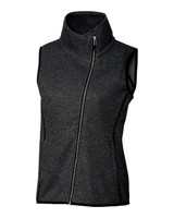 A sleeveless grey vest with a high collar and front zipper, featuring a contrasting trim and a logo. A sleeveless grey vest with a high collar and front zipper, featuring a contrasting trim and a logo.