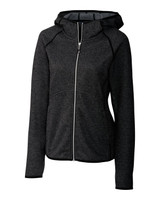 A charcoal grey hooded jacket with zip fastening and contrasting black trim. It features a logo on the garment.