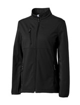 A black softshell jacket with a high collar, featuring zippered pockets and a logo. A black softshell jacket with a high collar, featuring zippered pockets and a logo.