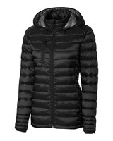 A black Ladies Hudson Full Zip Puffer Jacket featuring a hood and a zippered chest pocket. It has a branded logo. A black Ladies Hudson Full Zip Puffer Jacket featuring a hood and a zippered chest pocket. It has a branded logo.