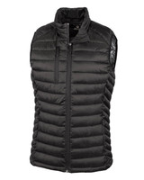 A black padded vest with a high collar and zippered front, featuring a logo on the chest area. A black padded vest with a high collar and zippered front, featuring a logo on the chest area.