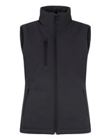 A black softshell vest with a high collar and zippered pockets, featuring a logo on the chest. A black softshell vest with a high collar and zippered pockets, featuring a logo on the chest.